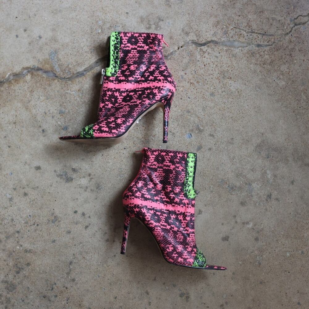 Y2K Neon Pink Snake Print Stiletto Ankle Open Toe Boots Green Studded Size 9